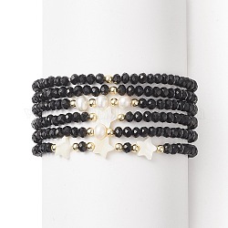 6 pièces 6 style coquille naturelle et étoile de verre et bracelets extensibles perlés ronds pour femmes, noir, diamètre intérieur: 2-1/4 pouce (5.8 cm), 1pc / style