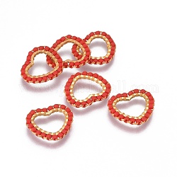 Cuentas de semillas japonesas hechas a mano de miyuki & toho, con 304 anillos de enlace de acero inoxidable, patrón de telar, corazón, dorado, rojo, 13.5~14x15x1.8~2mm