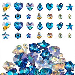 28Pcs 14 Style Faceted Glass Rhinestone Charms, Imitation Austrian Crystal, Faceted Glass Charms, Mixed Shapes, Mixed Color, 6~18x6~18x3~10mm, hole: 1~1.6mm, 2pcs/style