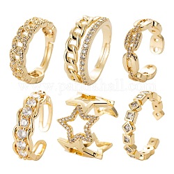 6Pcs 6 Styles Brass Micro Pave Cubic Zirconia Cuff Rings, Open Rings, Long-Lasting Plated, Chain & Hollow Star & Curb Chain Shape & Square with Rhombus & Coffee Bean Chain Shape, Real 18K Gold Plated, Inner Diameter: 17~17.5mm, 1pc/style