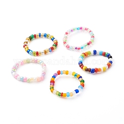 Handmade Stretch Rings, with Glass Opaque Seed Beads, Trasparent Inside Beads, Frosted Beads, Silver Lined Round Beads, Ring, Mixed Color, Beads: 2.5~3.5x1.5~3mm, US Size 9 1/2(19.3mm)