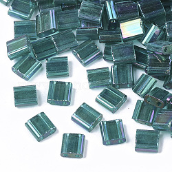 2-Hole Transparent Glass Seed Beads, AB Colours, Rectangle, Teal, 5x4.5~5.5x2~2.5mm, Hole: 0.5~0.8mm
