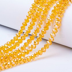 Galvanisieren Glasperlen, ab Farbe plattiert, facettiert, Rondell, orange, 4x3 mm, Bohrung: 0.4 mm, ca. 123~127 Stk. / Strang, 16.5~16.9 Zoll (42~43 cm)