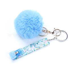 Porte-clés boule de laine, avec accessoires en fer et porte-cartes en pvc et acrylique, lumière bleu ciel, 10x2 cm