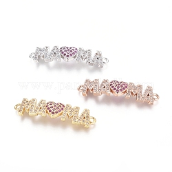 Brass Micro Pave Cubic Zirconia Links connectors, Word MAMA and Heart, for Mother's Day, Colorful, Mixed Color, 7.5x30.5x4.5mm, Hole: 1.4mm