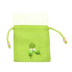 Polyester avec pochettes en soie, sac de cordon, rectangle avec noeud, jaune vert, 15x9.8~10x0.4 cm
