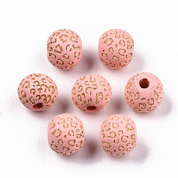 Perle di legno naturale verniciate, motivo inciso al laser, rotondo con stampa leopardata, roso, 10x8.5mm, Foro: 2.5 mm