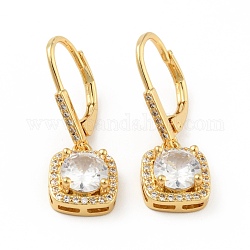 Clear Cubic Zirconia Square Dangle Leverback Earrings, Rack Plating Brass Jewelry for Women, Cadmium Free & Lead Free, Real 18K Gold Plated, 27mm, Pin: 1.1mm