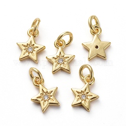 Brass Micro Pave Cubic Zirconia Pendants, with Jump Rings, Star, Golden, 9.5x7.5x2mm, Hole: 3mm