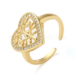 Brass Micro Pave Cubic Zirconia Open Cuff Ring, Heart with Tree, Real 16K Gold Plated, Inner Diameter: 17mm