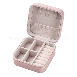 Imitation Leather Jewelry Zipper Box, Jewelry Storage Case, for Wedding, Engagement, Anniversary Party, Square, Pink, 9.9x9.8x5.1cm