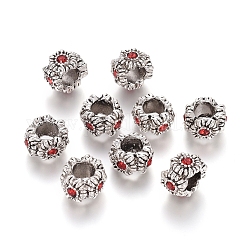 Antique Silver Plated Alloy European Beads, Large Hole Beads, with Rhinestone, Rondelle, Siam, 9~10x6.5mm, Hole: 4.5mm