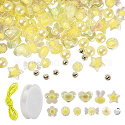 480pcs transparente / nachgemachte Perlenacrylperlen, 1 Rolle elastischer Kristallfaden, elastische Schnur, für DIY-Armband-Herstellungssets, Gelb, Perlen: 480 Stück / Beutel