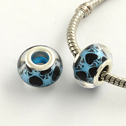 Large Hole Heart Pattern Acrylic European Beads, with Platinum Tone Brass Double Cores, Rondelle, Sky Blue, 14x9mm, Hole: 5mm