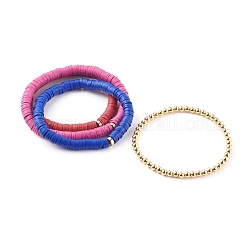 Set di braccialetti con perline elasticizzati, con perline heishi in argilla polimerica fatte a mano e perline rotonde in ottone, oro, colore misto, diametro interno: 2-1/8 pollice (5.3 cm), 2-1/8 pollice (5.4 cm), 4 pc / set