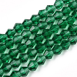 Imitation Austrian Crystal 5301 Bicone Beads, Faceted Glass Beads Strands, Green, 4x4mm, Hole: 1mm, about 88~89pcs/strand, 12.99~13.39 inch