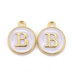 Golden Plated Alloy Charms, Cadmium Free & Lead Free, with Enamel, Enamelled Sequins, Flat Round with Letter, White, Letter.B, 14x12x2mm, Hole: 1.5mm