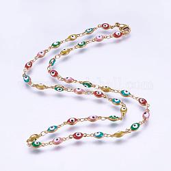 304 Stainless Steel Chain Necklaces, with Enamel and Lobster Claw Clasps, Ion Plating (IP), Oval with Evil Eye, Golden, 17.5 inch(44.5cm)