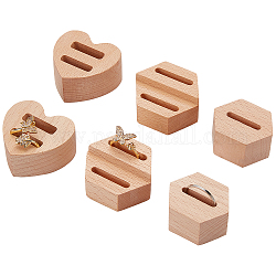 Olycraft 6ppcs 3 estilos soportes de exhibición de anillo de dedo de madera, hexágono y corazón, color mezclado, 2.15~3.55x3.75~4.2x2 cm, 2 piezas / style