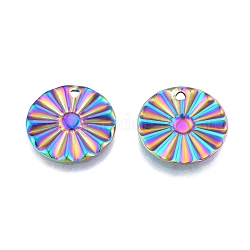 Ion Plating(IP) 201 Stainless Steel Pendant, Textured Charms, Flat Round with Flower, Rainbow Color, 18x1mm, Hole: 1.6mm