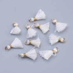 Décorations avec pendentif en nylon, mini pompon, avec les accessoires en fer de ton or, blanc, 10.5~14.5x2.5~3mm, Trou: 2mm