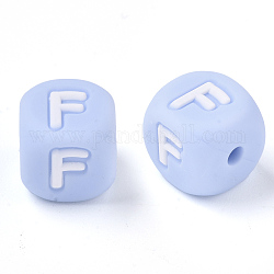 Food Grade Eco-Friendly Silicone Beads, Horizontal Hole, Chewing Beads For Teethers, DIY Nursing Necklaces Making, Letter Style, Cube, Light Sky Blue, Letter.F, 10x10x10mm, Hole: 2mm