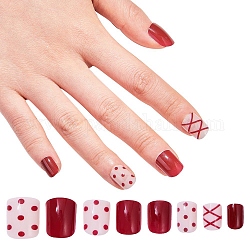 Ensembles de nail art, avec 24pcs ongles en plastique, 24pcs colle à ongles gelée double face, rouge foncé, 14.5~23x7~14mm, environ 24 pcs / ensemble