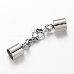 304 Stainless Steel Lobster Claw Clasps, with Column Cord Ends, Stainless Steel Color, 38.5mm, Hole: 6mm