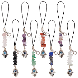 Gemstone Chips Cell Phone Strap Charm, Hamsa Hand/Hand of Miriam with Evil Eye Tibetan Style Alloy Charm Hanging Keychain for Women, with Nylon Cord, 11cm, 8pcs/set