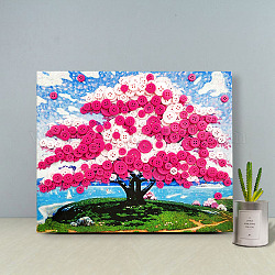 Creative DIY Tree Pattern Resin Button Art, with Canvas Painting Paper and Wood Frame, Educational Craft Painting Sticky Toys for Kids, Hot Pink, 30x25x1.3cm