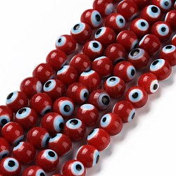 Handgefertigte Murano bösen Blick runde Perle Stränge, rot, 8 mm, Bohrung: 1 mm, ca. 49 Stk. / Strang, 14.17 Zoll