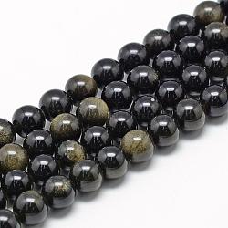 Chapelets de perles en obsidienne dorée naturelle, grade AB, ronde, 8~9mm, Trou: 1mm, Environ 45~48 pcs/chapelet, 15.7 pouce