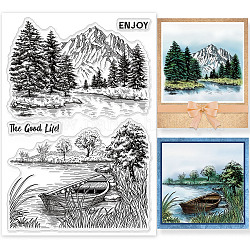 GLOBLELAND Mountains Forest Background Clear Stamps Tree River Lake Boat Landscape Silicone Clear Stamp Seals For Cards Making DIY Scrapbooking Photo Journal Album Decoration
