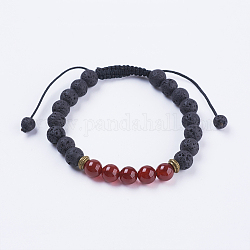 Bracelets réglables de perles tressées avec cordon en nylon, avec pierre de lave, perles de cornaline et alliages, 2-1/8 pouce (54 mm)