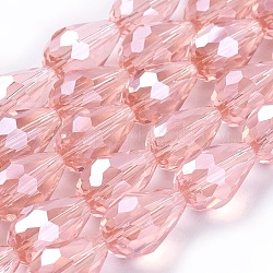 Chapelets de perles en verre électroplaqué, perle plaquée lustre, facette, goutte , saumon clair, 15x10mm, Trou: 1.5mm, Environ 44~48 pcs/chapelet, 25.20~28.35 pouce