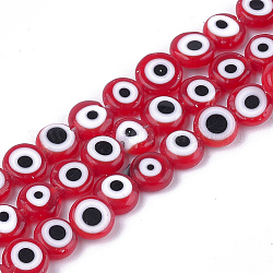 Chapelets de perles vernissées manuelles, plat rond, rouge, 7.5~8x3~4mm, Trou: 1mm, Environ 48 pcs/chapelet, 13.7 pouce ~ 14.9 pouces