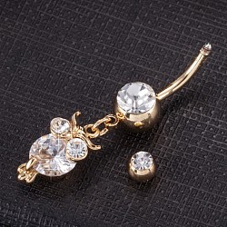 Piercing Jewelry, Brass Cubic Zirconia Navel Ring, Belly Rings, with 304 Stainless Steel Bar, Cadmium Free & Lead Free, Real 18K Gold Plated, Owl, White, 40x9mm, Bar Length: 3/8
