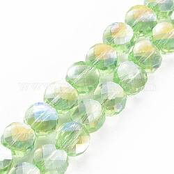 Transparentes perles de verre de galvanoplastie brins, de couleur plaquée ab , facette, plat rond, vert pale, 8x5mm, Trou: 1.5mm, Environ 72~73 pcs/chapelet, 20.87 pouce (53 cm)