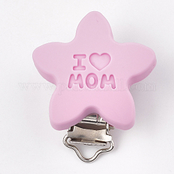 Mother's Day Theme, Food Grade Eco-Friendly Silicone Baby Pacifier Holder Clips, with 304 Stainless Steel Clips, Star with Word I Love Mom, Stainless Steel Color, Pearl Pink, 46x39x19mm, Hole: 4x14mm