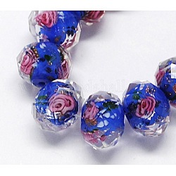 Handmade Lampwork Beads, with Inner Flower, Faceted Rondelle, Blue, 10x7mm, Hole: 2mm