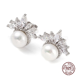 Orecchini a bottone con fiore di zirconi cubici e perle naturali, 925 orecchini in argento sterling rodiato da donna, platino, 18x18mm