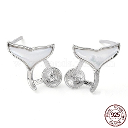 Rhodium Plated 925 Sterling Silver Stud Earring Findings, with Shell & S925 Stamp, for Half Drilled Pearl Beads, Fishtail, Real Platinum Plated, 10x10mm, Pin: 0.7mm