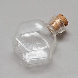 Contenants de perles de bouteilles en verre, avec bouchon en liège, souhaitant bouteille, hexagone, clair, 32x27x15mm, Trou: 6.5mm, capacité: 5 ml (0.17 oz liq.)