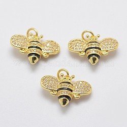 Brass Cubic Zirconia Pendants, with Enamel, Bees, Lead Free & Nickel Free & Cadmium Free, Golden, 14x19x5mm, Hole: 3mm