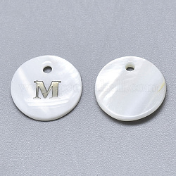 Natürliche weiße Muschel Perlmutt Muschel Charms, mit Eisenaufkleber, flach rund mit Brief, letter.m, 13x2 mm, Bohrung: 1.5 mm