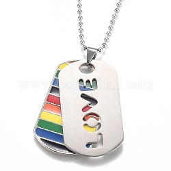 Rainbow Alloy Pride Double Pendant Necklaces, with 304 Stainless Steel Ball Chains and Epoxy, Oval with Word Love, Colorful, Stainless Steel Color, 23.82 inch(60.5cm)