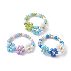 3 pièces 3 ensembles d'anneaux extensibles en perles de verre de couleur. anneaux empilables de fleurs, couleur mixte, nous taille 7 1/4 (17.5mm), 1 pc / couleur
