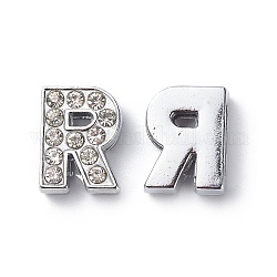 Alloy Initial Slide Charms with Grade A Rhinestones, Lead Free & Nickel Free, Platinum, Letter.R, 12~13x8~13x4~5mm, Hole: 8x2mm