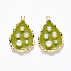 Brass Enamel Pendants, with ABS Plastic Imitation Pearl, Nickel Free, Teardrop, Real 18K Gold Plated, Yellow Green, 21x13.5x4mm, Hole: 1mm