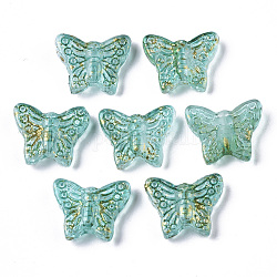 Perles de verre peintes par pulvérisation transparent, avec une feuille d'or, papillon, vert de mer clair, 12.5x15.5x5mm, Trou: 1mm